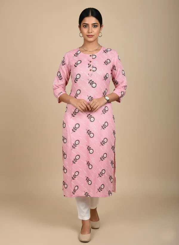Pink_Viscose_Cotton_Printed_Straight_3/4_Sleeve_Kurta_For_Women