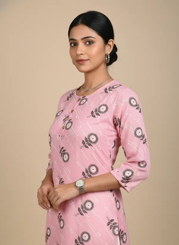 Pink_Viscose_Cotton_Printed_Straight_3/4_Sleeve_Kurta_For_Women