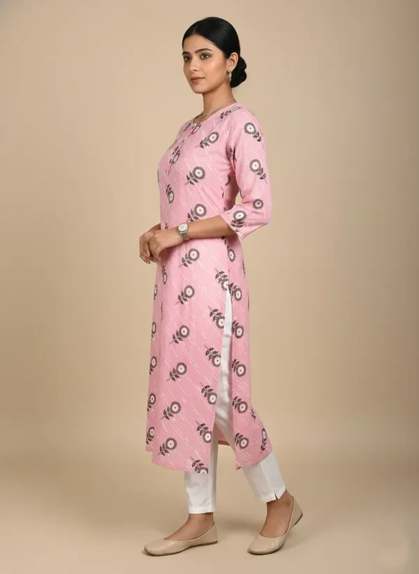 Pink_Viscose_Cotton_Printed_Straight_3/4_Sleeve_Kurta_For_Women