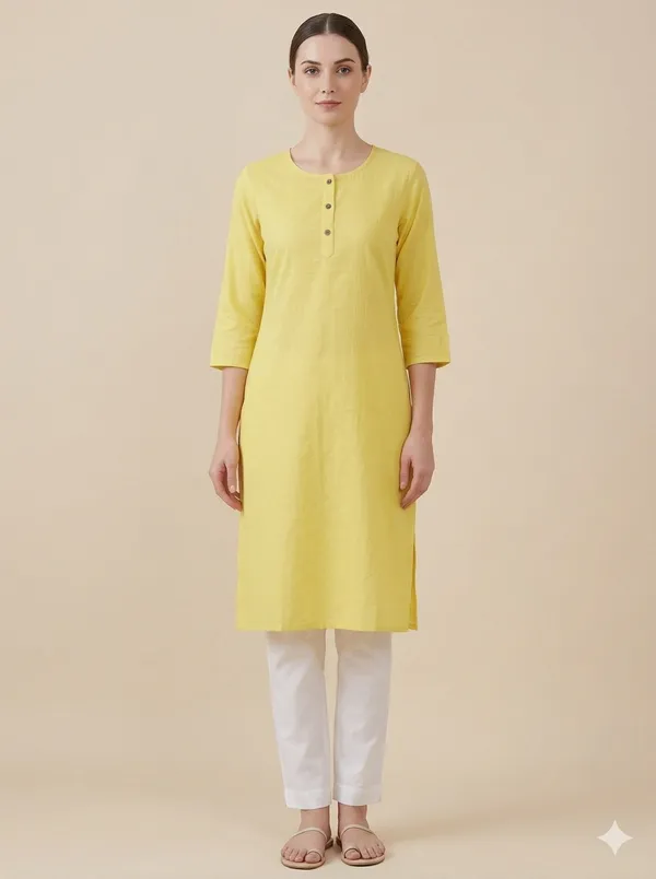 Yellow_Cotton_Straight_3/4_Sleeve_Kurta_For_Women