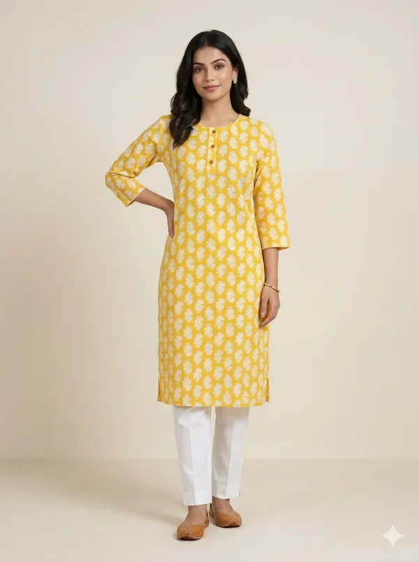 Yellow_Cotton_Straight_Floral_Printed_Kurta_For_Women