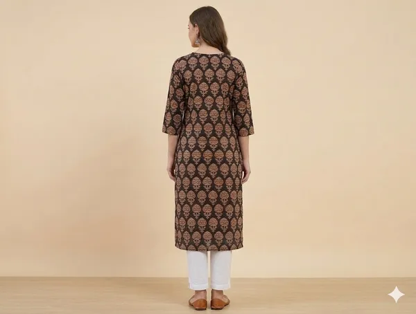 Black_Cotton_Straight_3/4_Sleeve_Kurta_For_Women