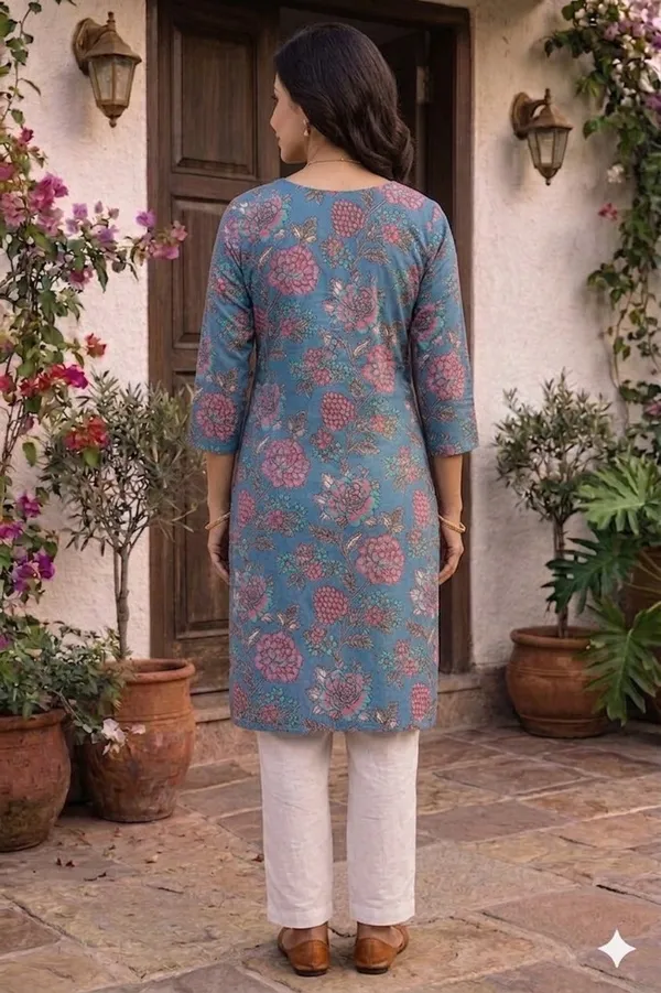 Blue_Cotton_Floral_Printed_Straight_3/4_Sleeve_Kurta_For_Women