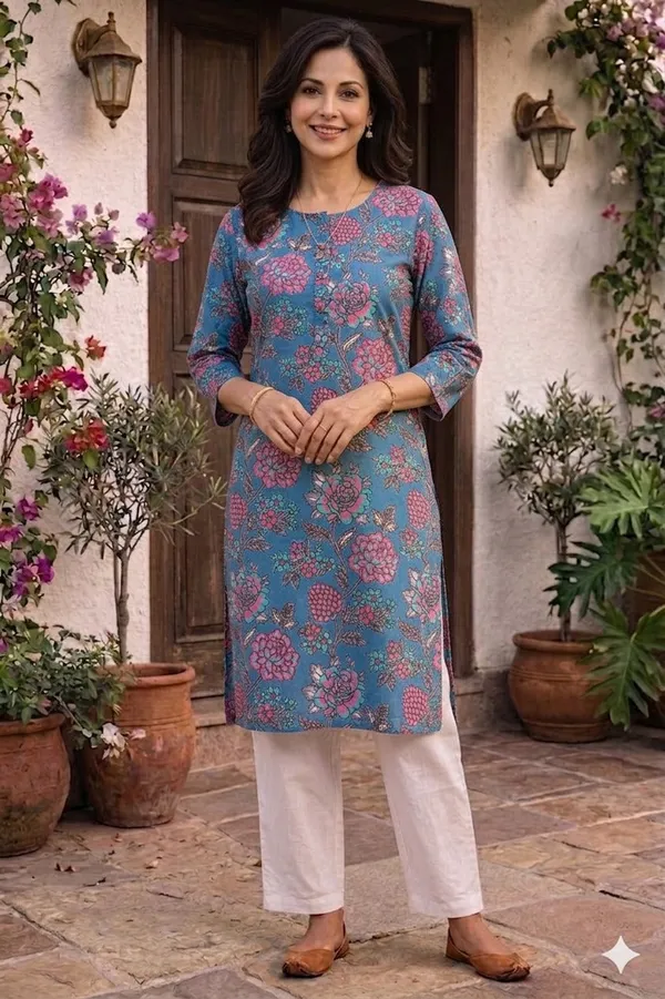 Blue_Cotton_Floral_Printed_Straight_3/4_Sleeve_Kurta_For_Women