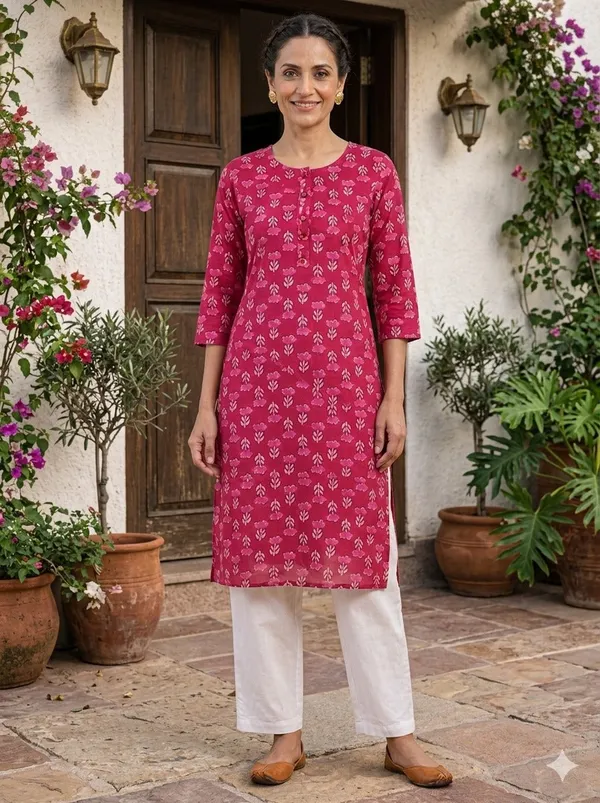 Pink_Cotton_Floral_Printed_Straight_3/4_Sleeve_Kurta_For_Women