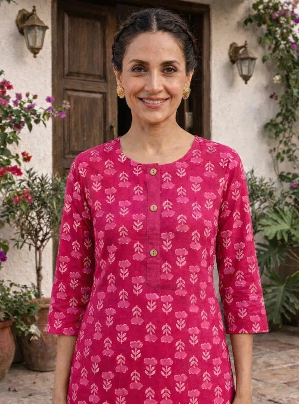 Pink_Cotton_Floral_Printed_Straight_3/4_Sleeve_Kurta_For_Women