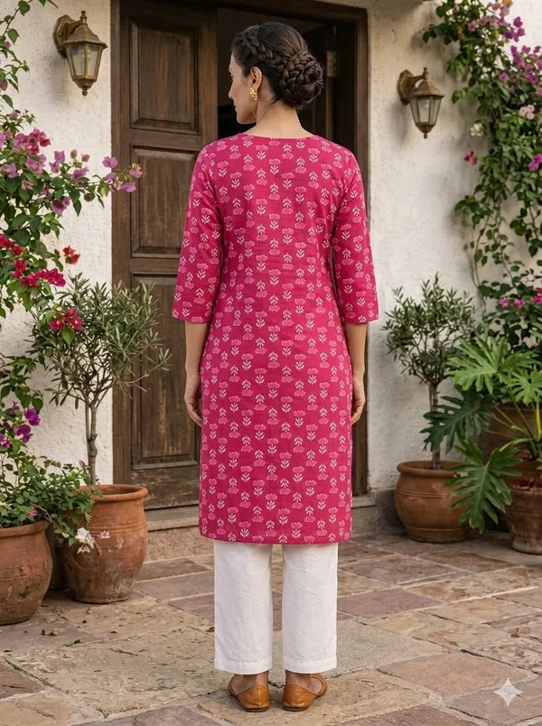 Pink_Cotton_Floral_Printed_Straight_3/4_Sleeve_Kurta_For_Women