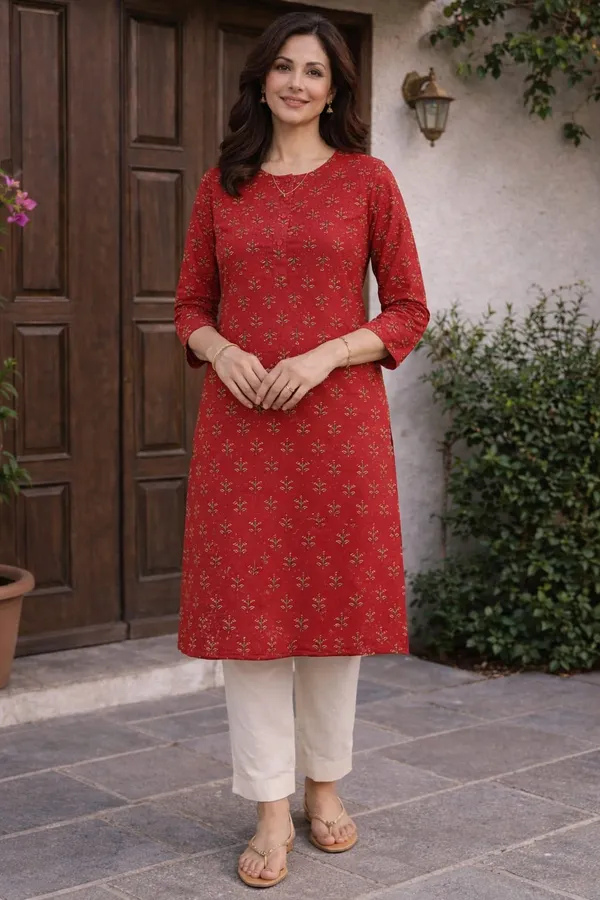 Red_Cotton_Straight_Printed_Kurta_For_Women