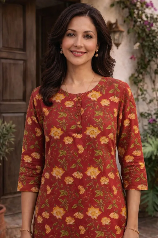 Brown_Cotton_Floral_Printed_Straight_3/4_Sleeve_Kurta_For_Women