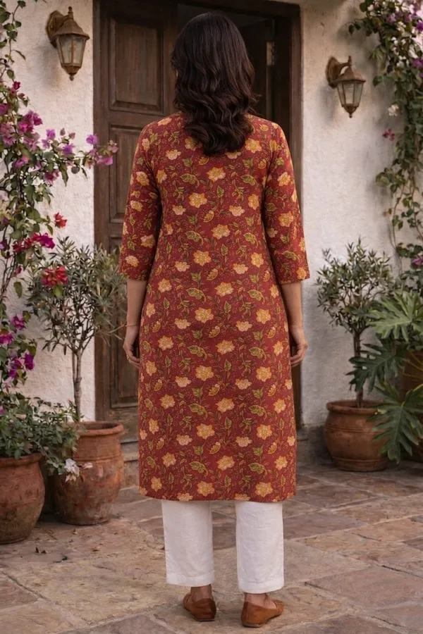 Brown_Cotton_Floral_Printed_Straight_3/4_Sleeve_Kurta_For_Women