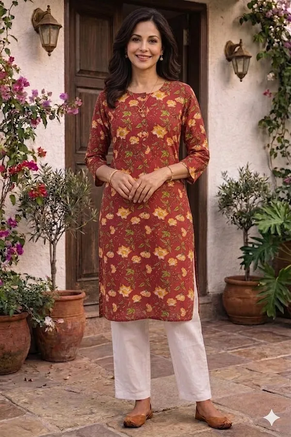 Brown_Cotton_Floral_Printed_Straight_3/4_Sleeve_Kurta_For_Women