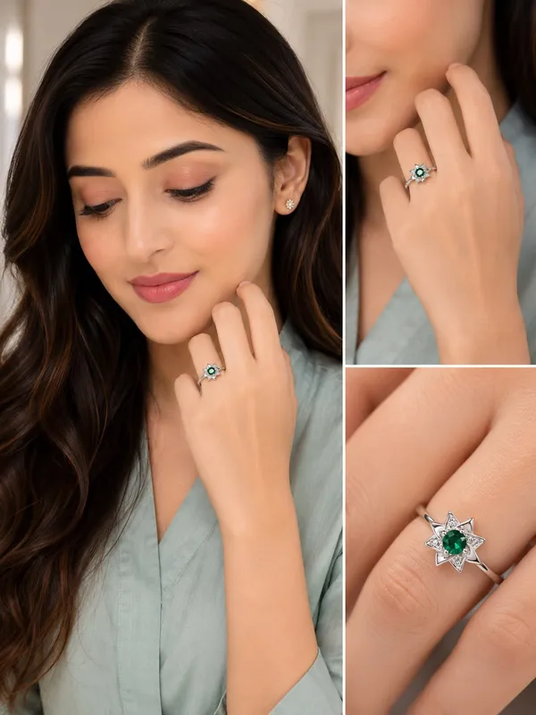 92.5_Sterling_Silver_Emerald_Star_Flower_Ring_|_Elegant_Green_Stone_Statement_Ring