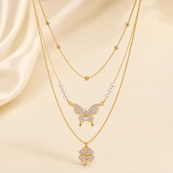 Anti_Tarnish_Gold_Plated_Butterfly_Layered_Necklace_with_Pearl_&_Clover_Pendant_for_Women