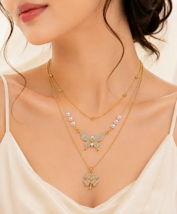 Anti_Tarnish_Gold_Plated_Butterfly_Layered_Necklace_with_Pearl_&_Clover_Pendant_for_Women