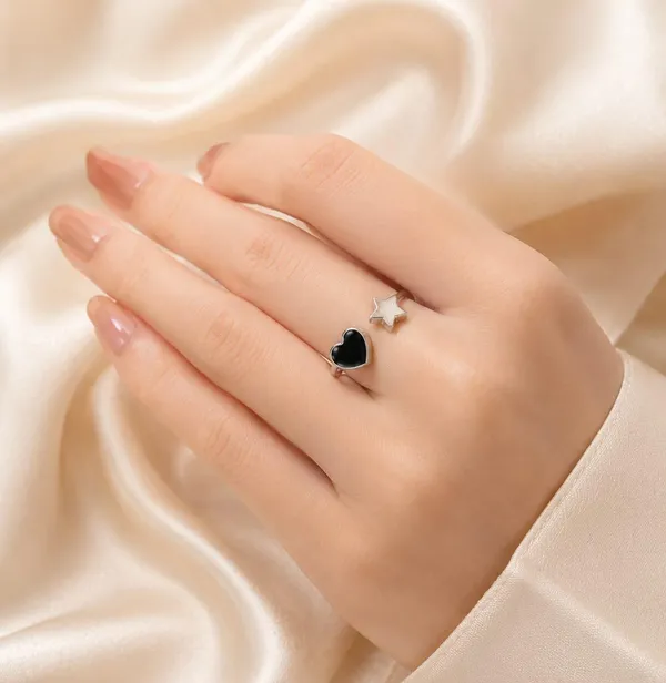 Certified_92.5_Sterling_Silver_Black_Heart_&_Star_Adjustable_Ring_for_Women