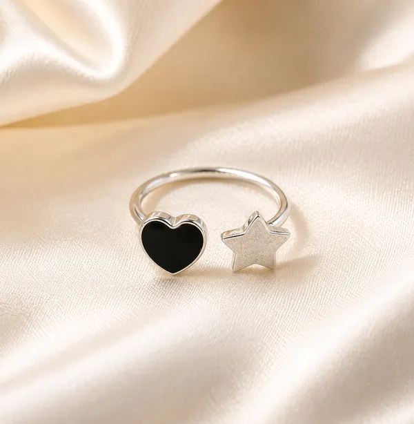 Certified_92.5_Sterling_Silver_Black_Heart_&_Star_Adjustable_Ring_for_Women