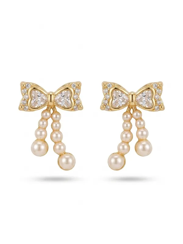 Gold_Plated_Crystal_Bow_Pearl_Drop_Earrings_For_Women