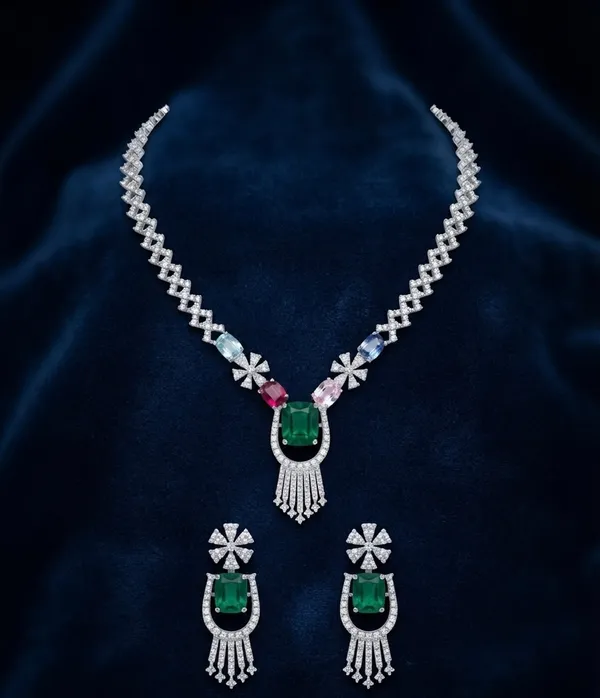 Elegant_Emerald_Green_AD_Necklace_Set_|_Multicolor_Stone_American_Diamond_Necklace_with_Earrings