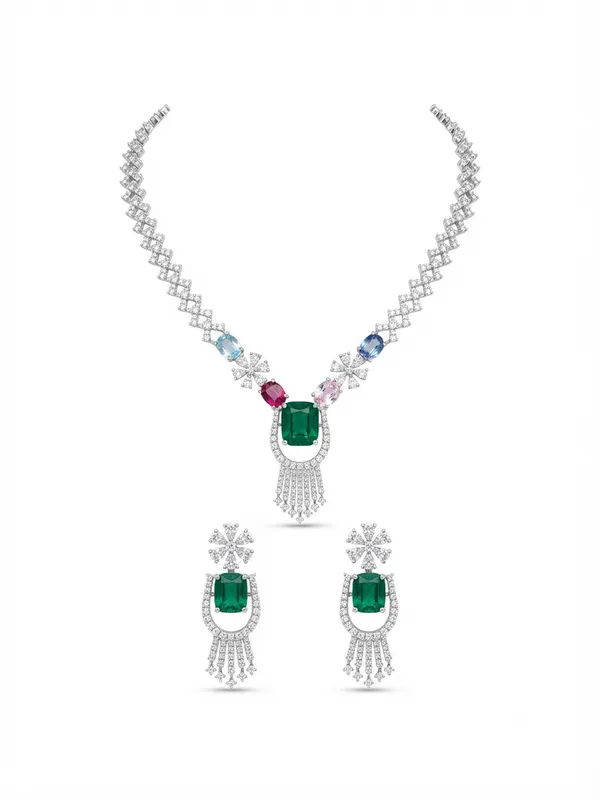 Elegant_Emerald_Green_AD_Necklace_Set_|_Multicolor_Stone_American_Diamond_Necklace_with_Earrings