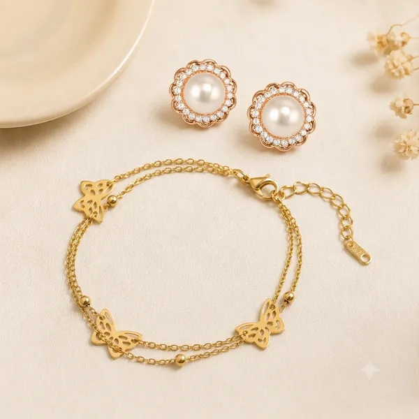 Elegant_Gold_Butterfly_Pearl_Jewelry_Combo_Set_–_Floral_CZ_Stud_Earrings_&_Double-Layer_Butterfly_Bracelet