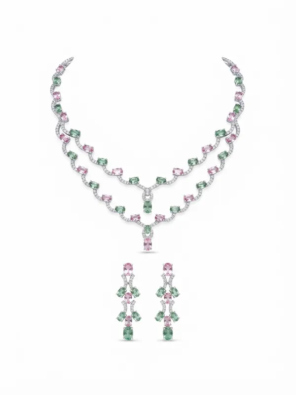 Elegant_Pink_&_Green_American_Diamond_Necklace_Set_–_Designer_AD_Necklace_&_Earrings