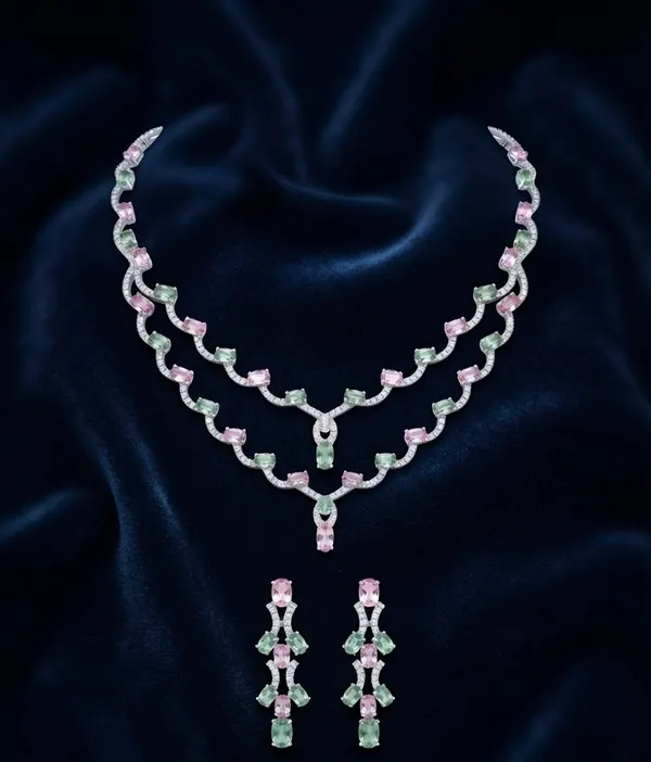 Elegant_Pink_&_Green_American_Diamond_Necklace_Set_–_Designer_AD_Necklace_&_Earrings