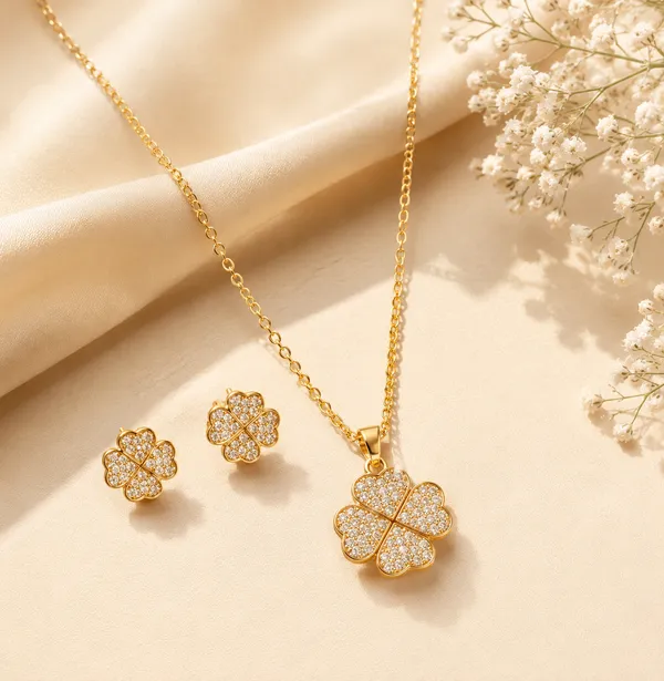 Gold_Plated_Crystal_Four_Leaf_Clover_Pendant_Set