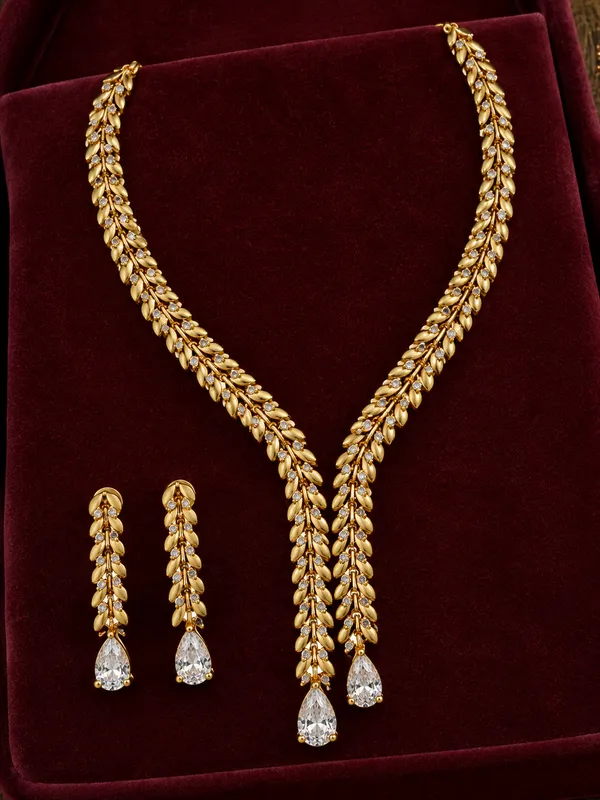 Gold-Tone_AD_Leaf_Design_Necklace_Set_with_Crystal_Teardrop_Pendant_&_Matching_Earrings