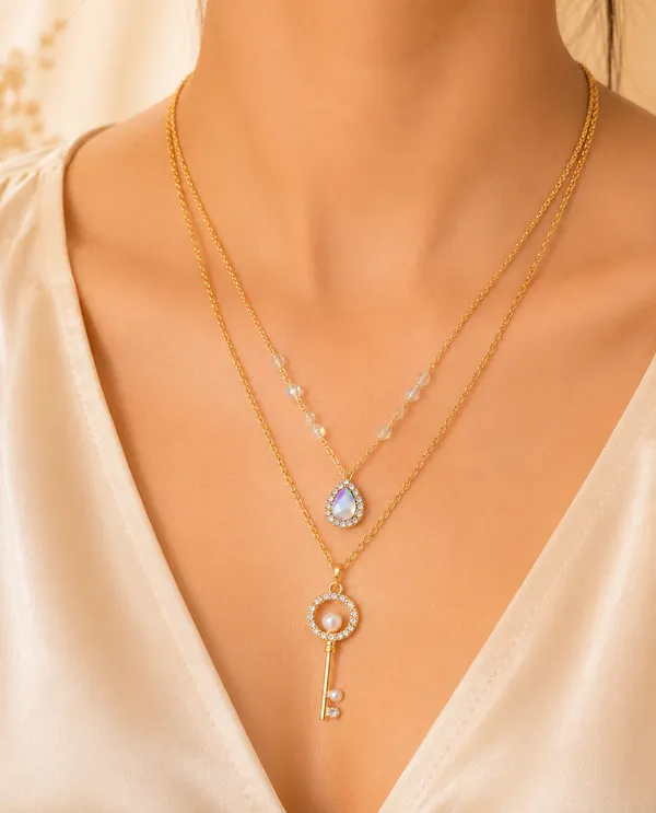 Luxury_Gold_Plated_Double_Layer_Key_Pendant_Necklace_for_Women_&_Girls_|_Crystal_Teardrop_Pearl_Charm_Fashion_Locket_|_Elegant_Party_Wear_Designer_Chain_Necklace_|_Trendy_Western_&_Ethnic_Jewellery_Gift