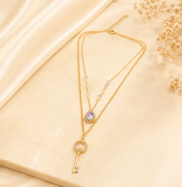 Luxury_Gold_Plated_Double_Layer_Key_Pendant_Necklace_for_Women_&_Girls_|_Crystal_Teardrop_Pearl_Charm_Fashion_Locket_|_Elegant_Party_Wear_Designer_Chain_Necklace_|_Trendy_Western_&_Ethnic_Jewellery_Gift