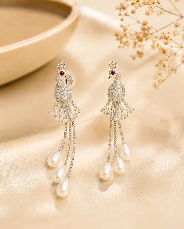 Luxury_Peacock_Pearl_Drop_Earrings_for_Women_|_White_Stone_Silver_Finish_Long_Dangle_Earrings_|_Elegant_Party_Wear_Fashion_Jewellery