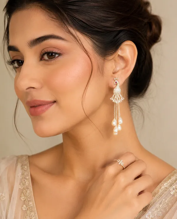 Luxury_Peacock_Pearl_Drop_Earrings_for_Women_|_White_Stone_Silver_Finish_Long_Dangle_Earrings_|_Elegant_Party_Wear_Fashion_Jewellery