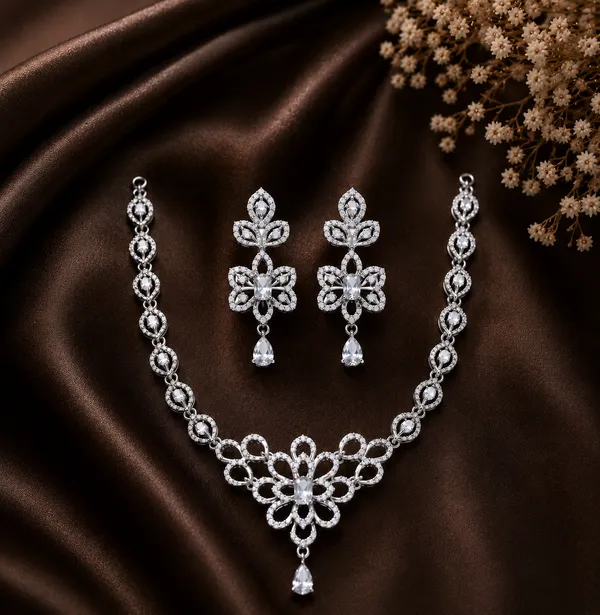 Luxury_Silver_Finish_CZ_Floral_Necklace_Set_for_Women_|_Premium_Crystal_Pendant_Necklace_with_Drop_Earrings_|_Wedding_&_Party_Wear_Jewellery_Set