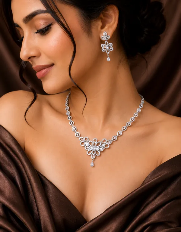 Luxury_Silver_Finish_CZ_Floral_Necklace_Set_for_Women_|_Premium_Crystal_Pendant_Necklace_with_Drop_Earrings_|_Wedding_&_Party_Wear_Jewellery_Set