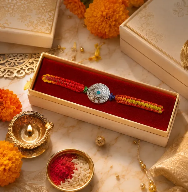 Premium_Designer_Rakhi_for_Brother_|_Red_Yellow_Multicolor_Thread_Rakhi_with_Silver_Look_Centre_Design_|_Raksha_Bandhan_Gift