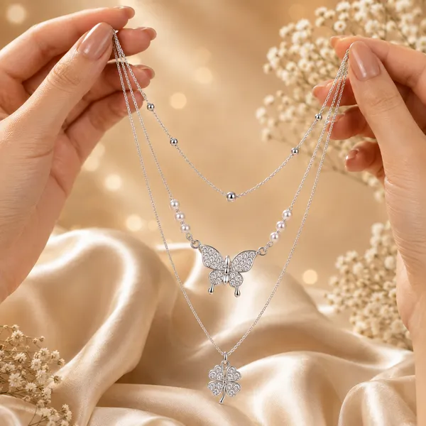Silver_Butterfly_&_Clover_Layered_Pearl_Necklace_for_Women_|_Premium_Imitation_Necklace_|_Anti-Tarnish_Fashion_Jewellery