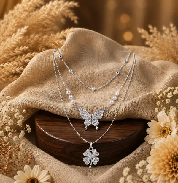 Silver_Butterfly_&_Clover_Layered_Pearl_Necklace_for_Women_|_Premium_Imitation_Necklace_|_Anti-Tarnish_Fashion_Jewellery
