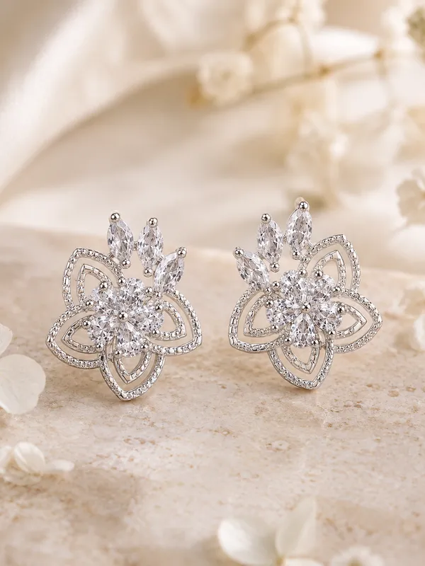 Silver_Floral_Crystal_Pendant_Set_for_Women_|_Luxury_Imitation_Wedding_&_Party_Jewellery