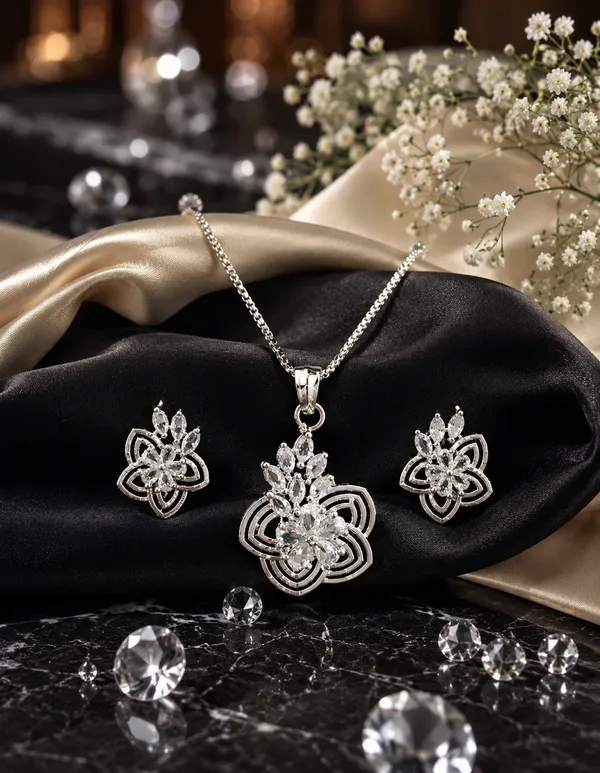 Silver_Floral_Crystal_Pendant_Set_for_Women_|_Luxury_Imitation_Wedding_&_Party_Jewellery