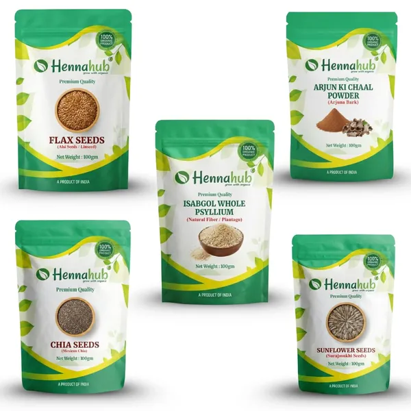 Hennahub_Cardio_Wellness_Seeds_Herb_Combo_Arjun_Ki_Chaal_Powder_Flax_Chia_Sunflower_Seeds_Isabgol_Husk_Pack_Of_5_Each_100_Gm_Heart_Health_Cholesterol_Balance_Fibre_Omega_Support