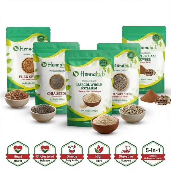 Hennahub_Cardio_Wellness_Seeds_Herb_Combo_Arjun_Ki_Chaal_Powder_Flax_Chia_Sunflower_Seeds_Isabgol_Husk_Pack_Of_5_Each_100_Gm_Heart_Health_Cholesterol_Balance_Fibre_Omega_Support