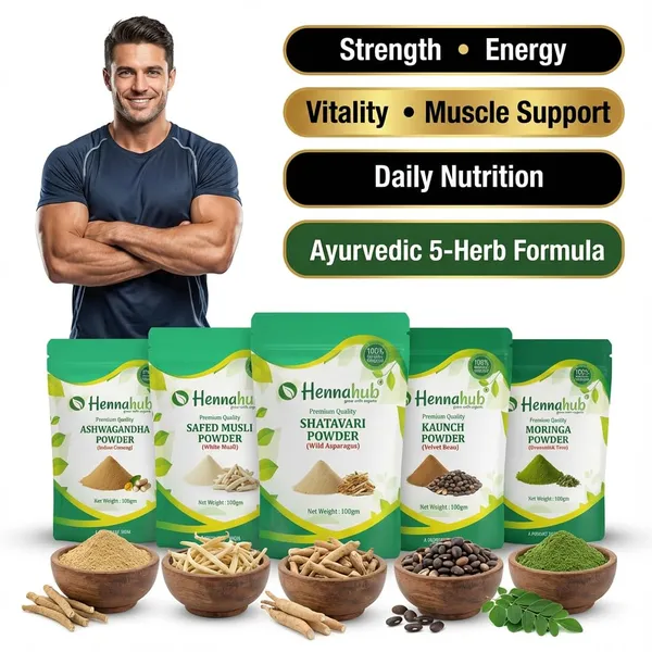 Hennahub_Advanced_Men_S_Performance_Combo_Ashwagandha_Safed_Musli_Shatavari_Kaunch_Beej_Moringa_Powder_Pack_Of_5_X_100_G_Strength_Energy_Vitality_Daily_Nutrition_Ayurvedic_Wellness_Boost