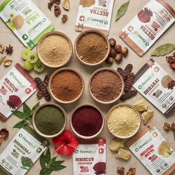 Hennahub_Premium_Hair_Care_Powder_Combo_Pack_of_6_(600gm)_|_Amla,_Reetha,_Shikakai,_Hibiscus,_Bhringraj_&_Multani_Mitti_|_Double_Filtered_100gm_Each_|_100%_Natural_Herbal_Hair_Wash_&_Hair_Mask_with_brush,_gloves,_shower_cap