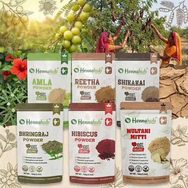 Hennahub_Premium_Hair_Care_Powder_Combo_Pack_of_6_(600gm)_|_Amla,_Reetha,_Shikakai,_Hibiscus,_Bhringraj_&_Multani_Mitti_|_Double_Filtered_100gm_Each_|_100%_Natural_Herbal_Hair_Wash_&_Hair_Mask_with_brush,_gloves,_shower_cap