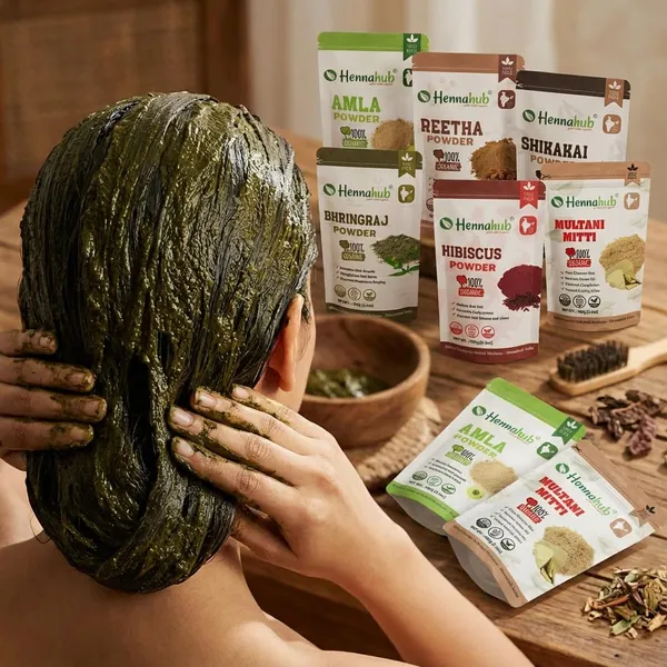 Hennahub_Premium_Hair_Care_Powder_Combo_Pack_of_6_(600gm)_|_Amla,_Reetha,_Shikakai,_Hibiscus,_Bhringraj_&_Multani_Mitti_|_Double_Filtered_100gm_Each_|_100%_Natural_Herbal_Hair_Wash_&_Hair_Mask_with_brush,_gloves,_shower_cap