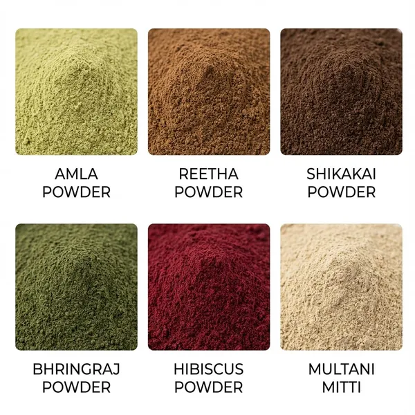 Hennahub_Premium_Hair_Care_Powder_Combo_Pack_of_6_(600gm)_|_Amla,_Reetha,_Shikakai,_Hibiscus,_Bhringraj_&_Multani_Mitti_|_Double_Filtered_100gm_Each_|_100%_Natural_Herbal_Hair_Wash_&_Hair_Mask_with_brush,_gloves,_shower_cap
