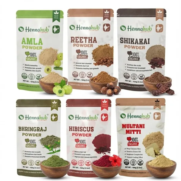 Hennahub_Premium_Hair_Care_Powder_Combo_Pack_of_6_(600gm)_|_Amla,_Reetha,_Shikakai,_Hibiscus,_Bhringraj_&_Multani_Mitti_|_Double_Filtered_100gm_Each_|_100%_Natural_Herbal_Hair_Wash_&_Hair_Mask_with_brush,_gloves,_shower_cap