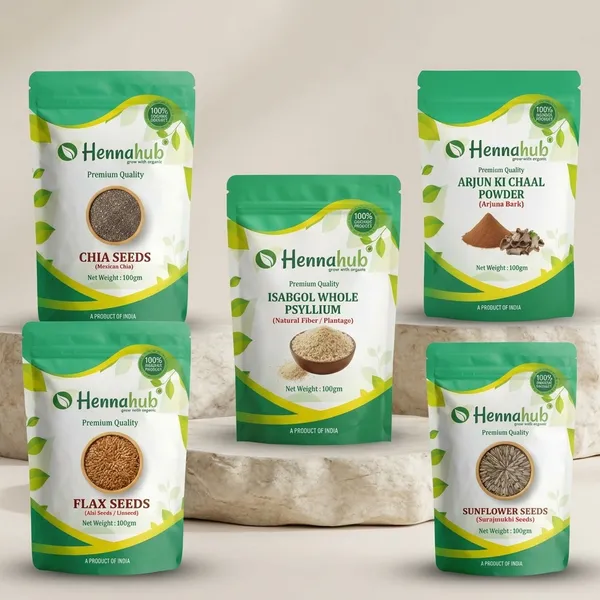 Hennahub_Cardio_Wellness_Seeds_Herb_Combo_Arjun_Ki_Chaal_Powder_Flax_Chia_Sunflower_Seeds_Isabgol_Husk_Pack_Of_5_Each_100_Gm_Heart_Health_Cholesterol_Balance_Fibre_Omega_Support