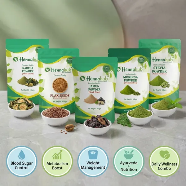 Hennahub_Complete_Sugar_Care_Combo_Jamun_Powder_Karela_Powder_Moringa_Powder_Flax_Seeds_Stevia_Powder_Pack_Of_5_Blood_Sugar_Management_Metabolism_Weight_Control_Ayurvedic_Daily_Support