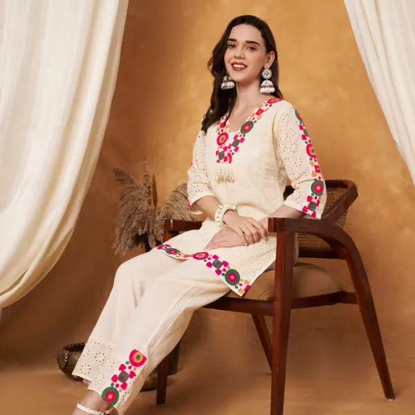 Cream_Cotton_Crochet_Multicolor_Thread_Co-Ord_Set_For_Women